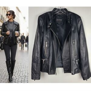Vtg Wilsons Leather Pelle Studio Black Leather Cropped Moto Full Zip Jacket M